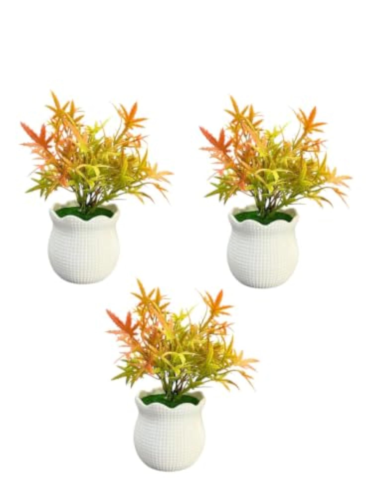 Set of 3 Artificial Orange Maple Leaf Plants in White Pot